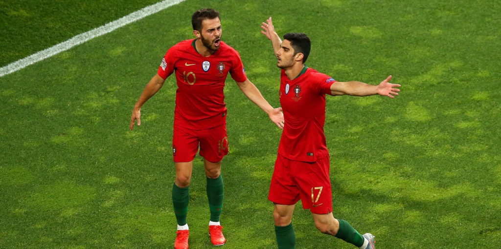 Portugal players in action during an international football match