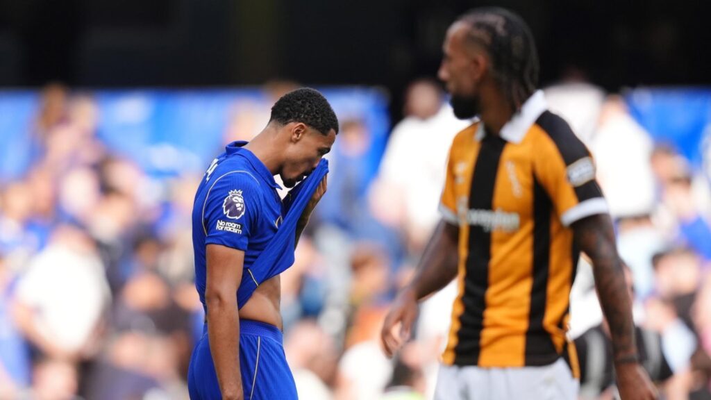 Chelsea player Levi Colwill dejected during a Premier League match at Stamford Bridge.